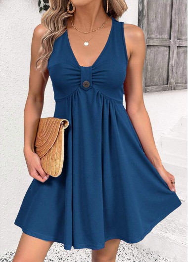 women clothes image of Blue Tummy Coverage Short Sleeveless V Neck Dress