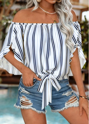 women clothes image of White Tie Striped Half Sleeve Off Shoulder Blouse