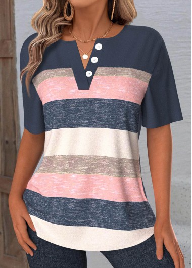 women clothes image of Navy Tummy Coverage Multi Stripe Print T Shirt