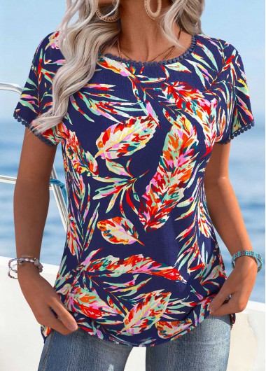 women clothes image of Navy Tummy Coverage Leaf Print Short Sleeve T Shirt