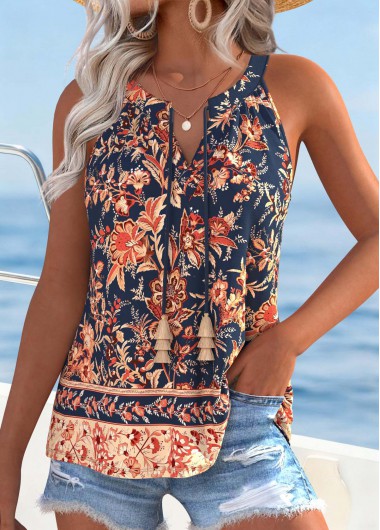 women clothes image of Multi Color Shirred Floral Print Sleeveless Tank Top