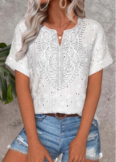 women clothes image of White Curved Hem Short Sleeve Split Neck Blouse