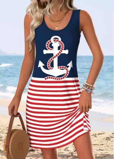 women clothes image of Red Striped Short Sleeveless Scoop Neck Dress