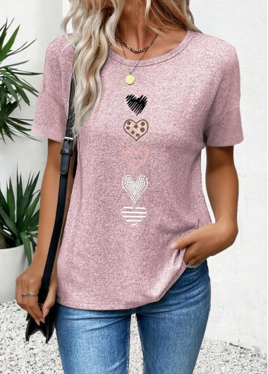 women clothes image of Pink Tummy Coverage Heart Print Short Sleeve T Shirt