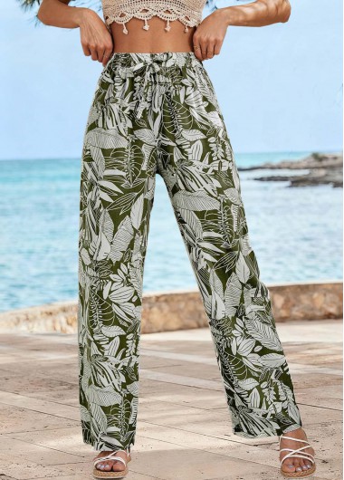 women clothes image of Olive Green Soft Leaf Print Straight Leg Pants