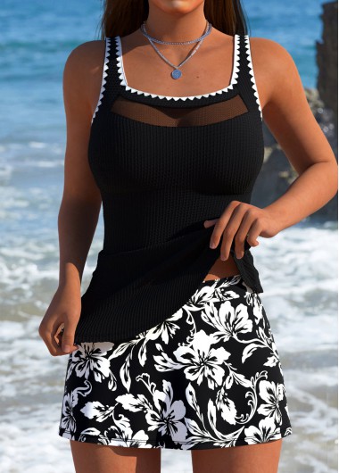 women clothes image of Tummy Coverage Mid Waisted Floral Print Black Tankini Set