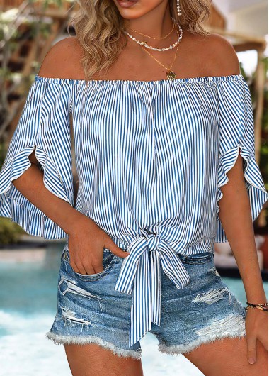 women clothes image of Blue Tie Striped Half Sleeve Off Shoulder Blouse