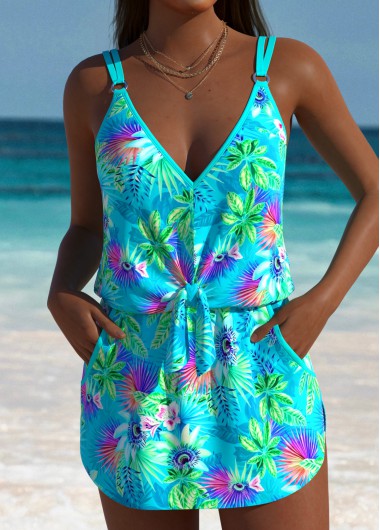 women clothes image of Tummy Coverage Tropical Plants Print Cyan One Piece Swimwear