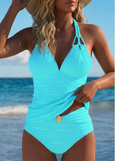 women clothes image of Tummy Coverage Mid Waisted Cyan Tankini Set