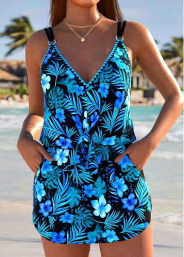 women clothes image of Tummy Coverage Floral Print Dark Blue One Piece Swimwear