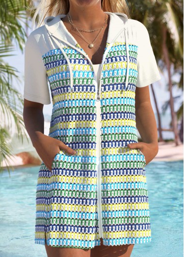 women clothes image of Tummy Coverage Multi Stripe Print Cyan Cover Up