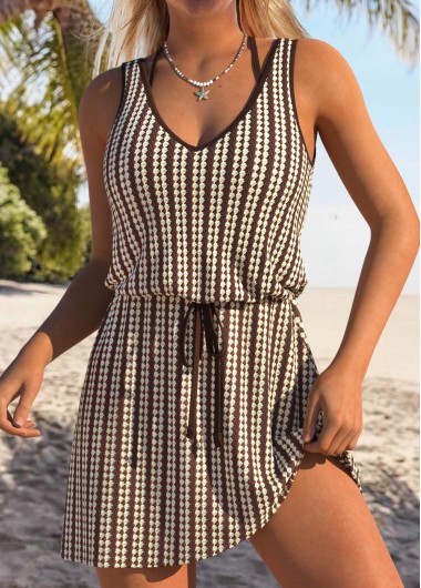 women clothes image of Tummy Coverage Striped Dark Coffee Cover Up