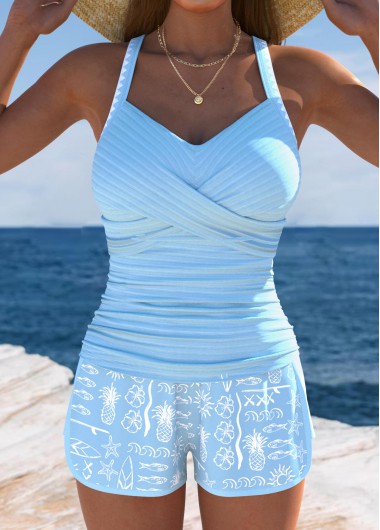 women clothes image of Tummy Coverage Dusty Blue Tropical Plants Print Tankini Set