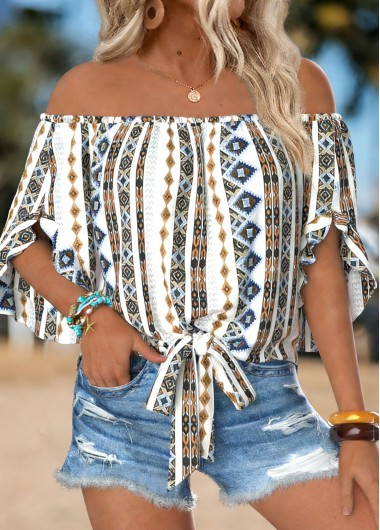 women clothes image of Beige Tummy Coverage Tribal Print Half Sleeve Blouse