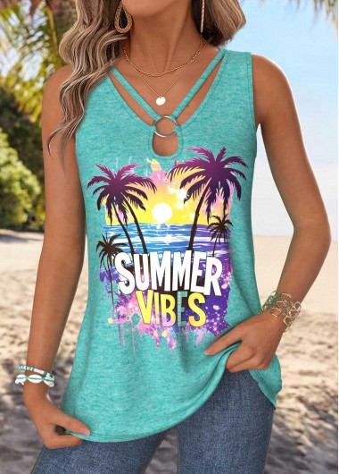 women clothes image of Mint Green Tummy Coverage Tropical Plants Print Tank Top