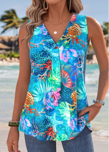women clothes image of Blue Marine Life Print Sleeveless V Neck Tank Top