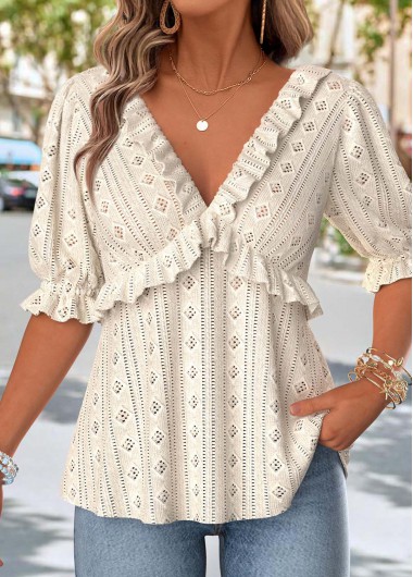 women clothes image of Beige Ruffle Half Sleeve V Neck Blouse