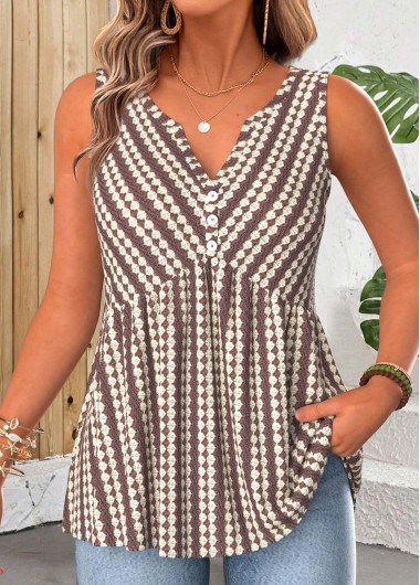 women clothes image of Dark Coffee Button Sleeveless V Neck Tank Top