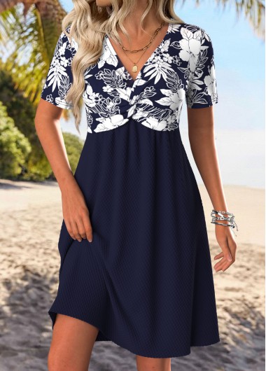 women clothes image of Navy Tummy Coverage Floral Print Short V Neck Dress