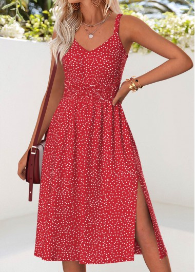 women clothes image of Red Tummy Coverage Polka Dot Strappy V Neck Dress