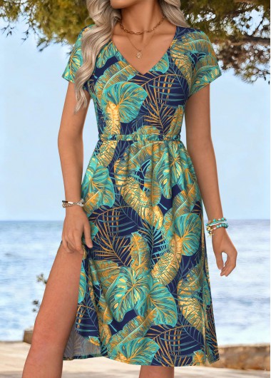 women clothes image of Multi Color Tummy Coverage Leaf Print Short Sleeve Dress