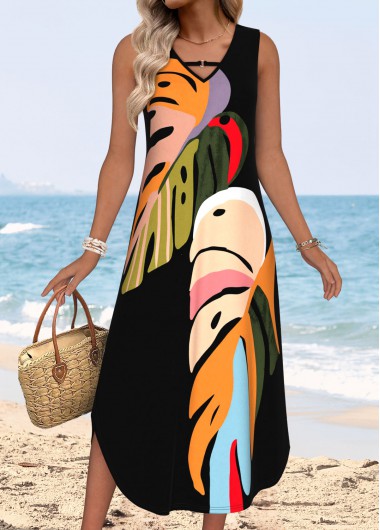 women clothes image of Black Tummy Coverage Leaf Print Sleeveless V Neck Dress