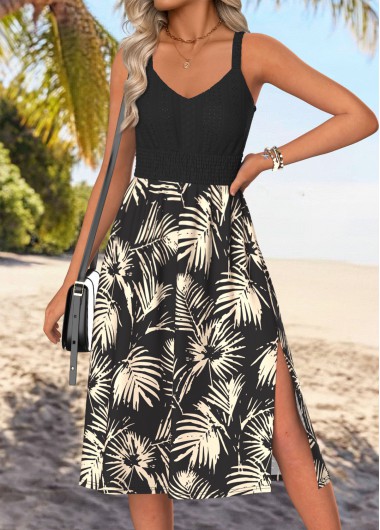 women clothes image of Black Tummy Coverage Leaf Print Strappy V Neck Dress