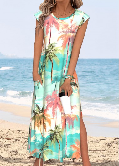 women clothes image of Multi Color Tummy Coverage Tropical Plants Print Dress