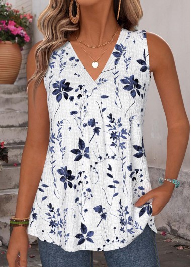 women clothes image of White Tummy Coverage Floral Print Sleeveless Tank Top