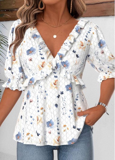 women clothes image of White Tummy Coverage Floral Print Half Sleeve Blouse