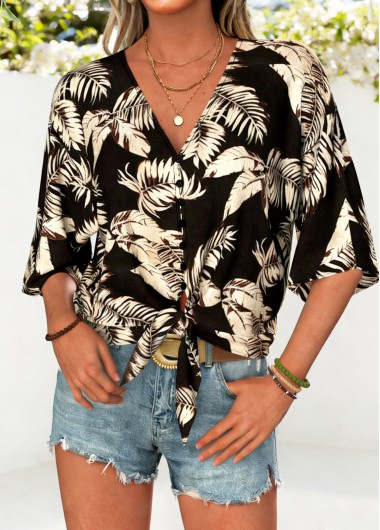 women clothes image of Black Leaf Print Half Sleeve V Neck Blouse