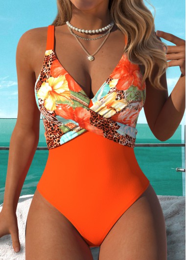 women clothes image of Pull On Floral Print Orange One Piece Swimwear