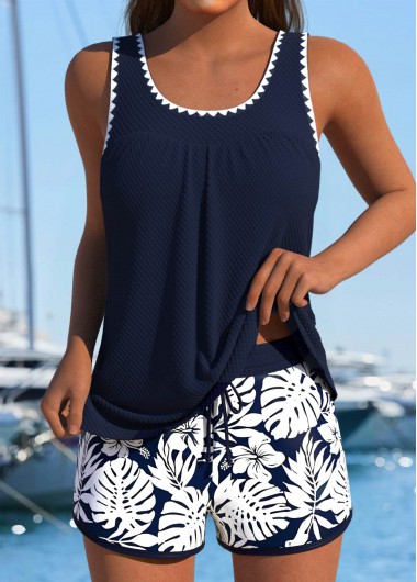 women clothes image of Tummy Coverage Mid Waisted Floral Print Navy Tankini Set