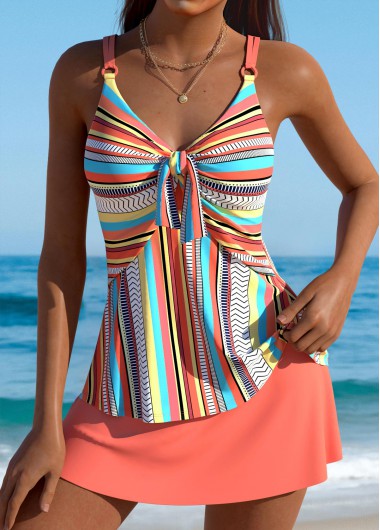 women clothes image of Tummy Coverage Mid Waisted Multi Stripe Print Tankini Set