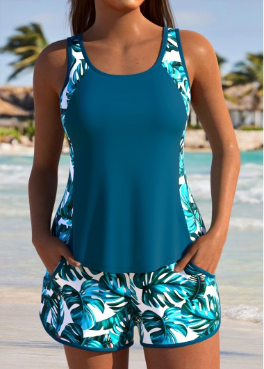 women clothes image of Pocket Mid Waisted Tropical Plants Print Tankini Set