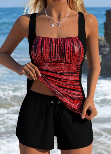 women clothes image of Tummy Coverage Mid Waisted Striped Black Tankini Set