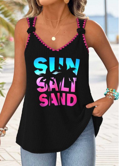 women clothes image of Black Tummy Coverage Letter Print Strappy Tank Top