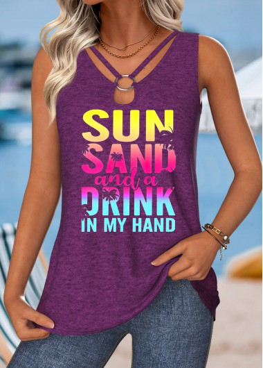 women clothes image of Purple Lace Up Letter Print Sleeveless Tank Top