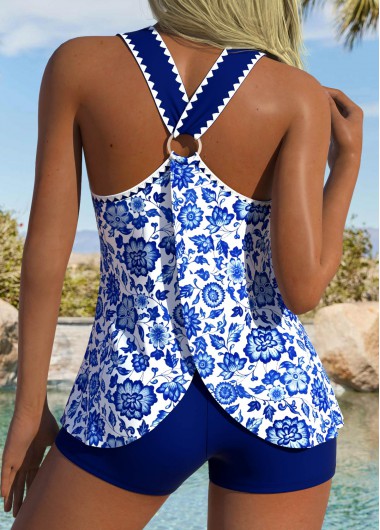 women clothes image of Circular Ring Mid Waisted Floral Print Navy Tankini Set