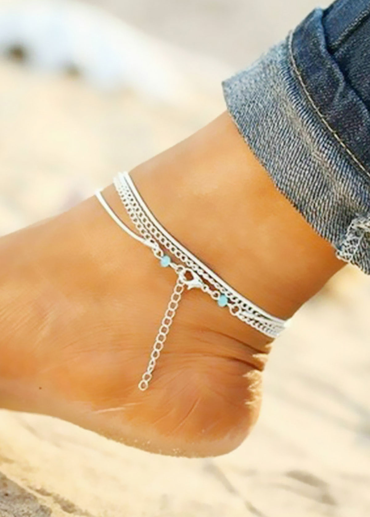 Silver Alloy Layered Design Chain Anklet | picture 