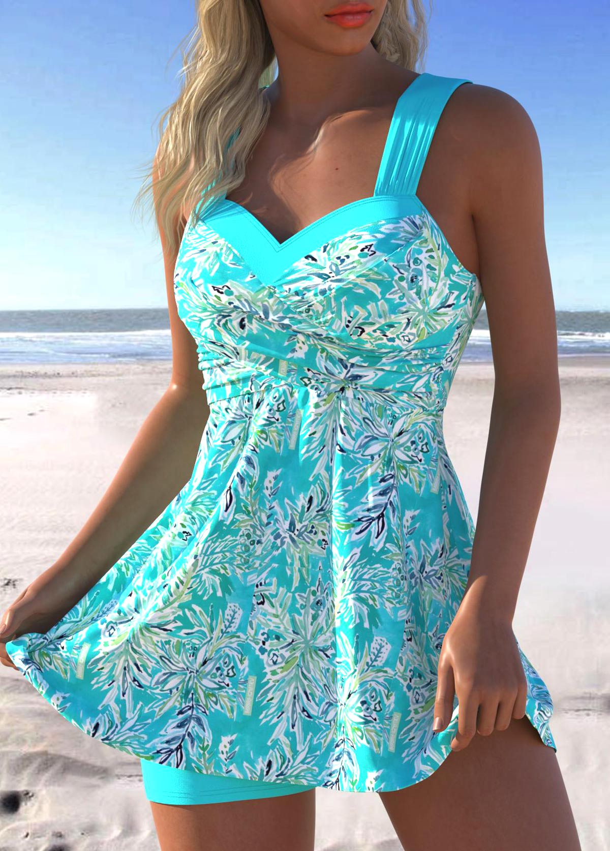 Plus Size Mid Waisted Surplice Cyan Tankini Set | picture 
