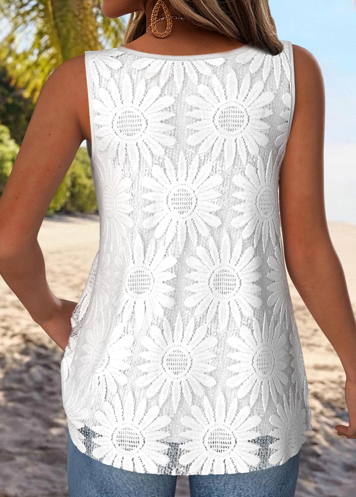 White Double Lined Sleeveless Split Neck Tank Top | picture 