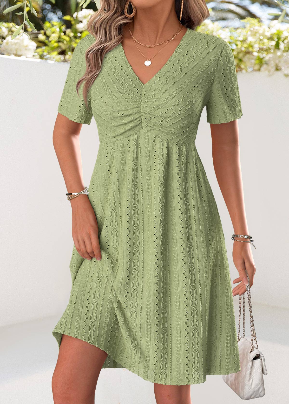 Light Camel Short Sleeve V Neck Dress | picture 