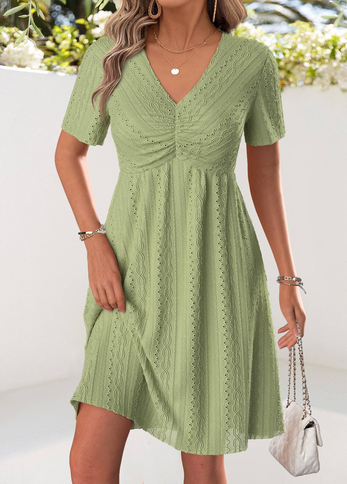 Light Camel Short Sleeve V Neck Dress | picture 