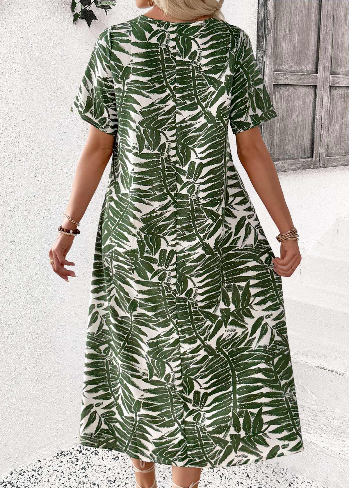 Olive Green Tummy Coverage Plants Print Short Sleeve Dress | picture 
