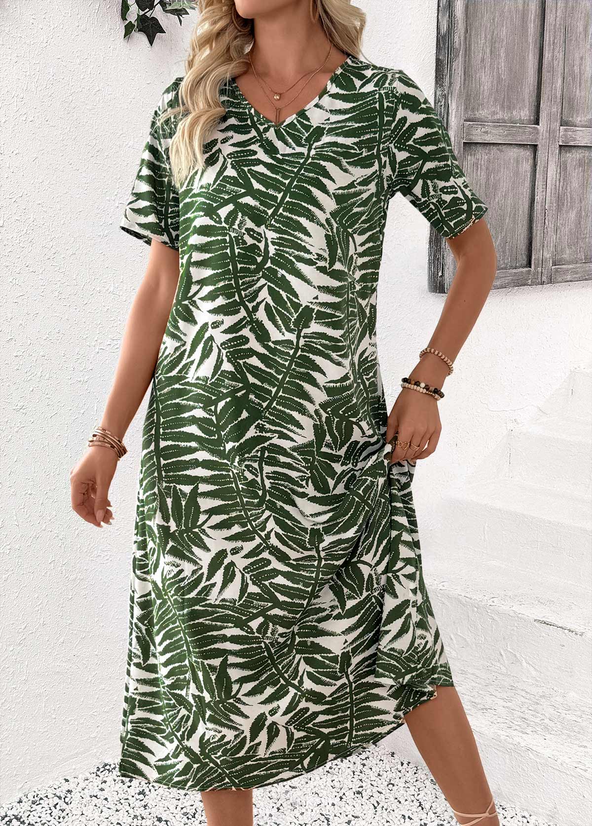 Olive Green Tummy Coverage Plants Print Short Sleeve Dress | picture 