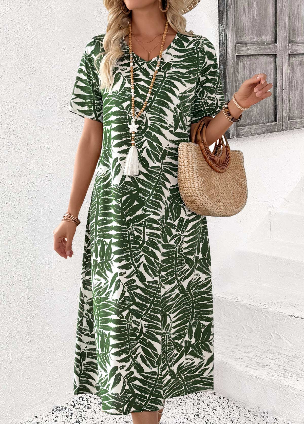 Olive Green Tummy Coverage Plants Print Short Sleeve Dress | picture 