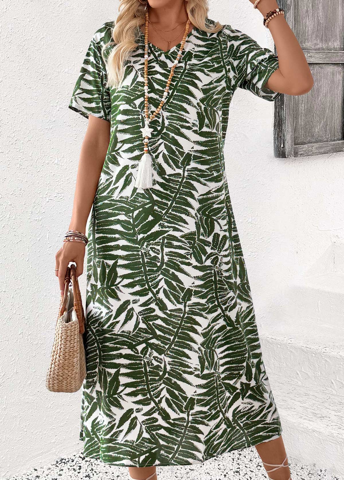Olive Green Tummy Coverage Plants Print Short Sleeve Dress | picture 