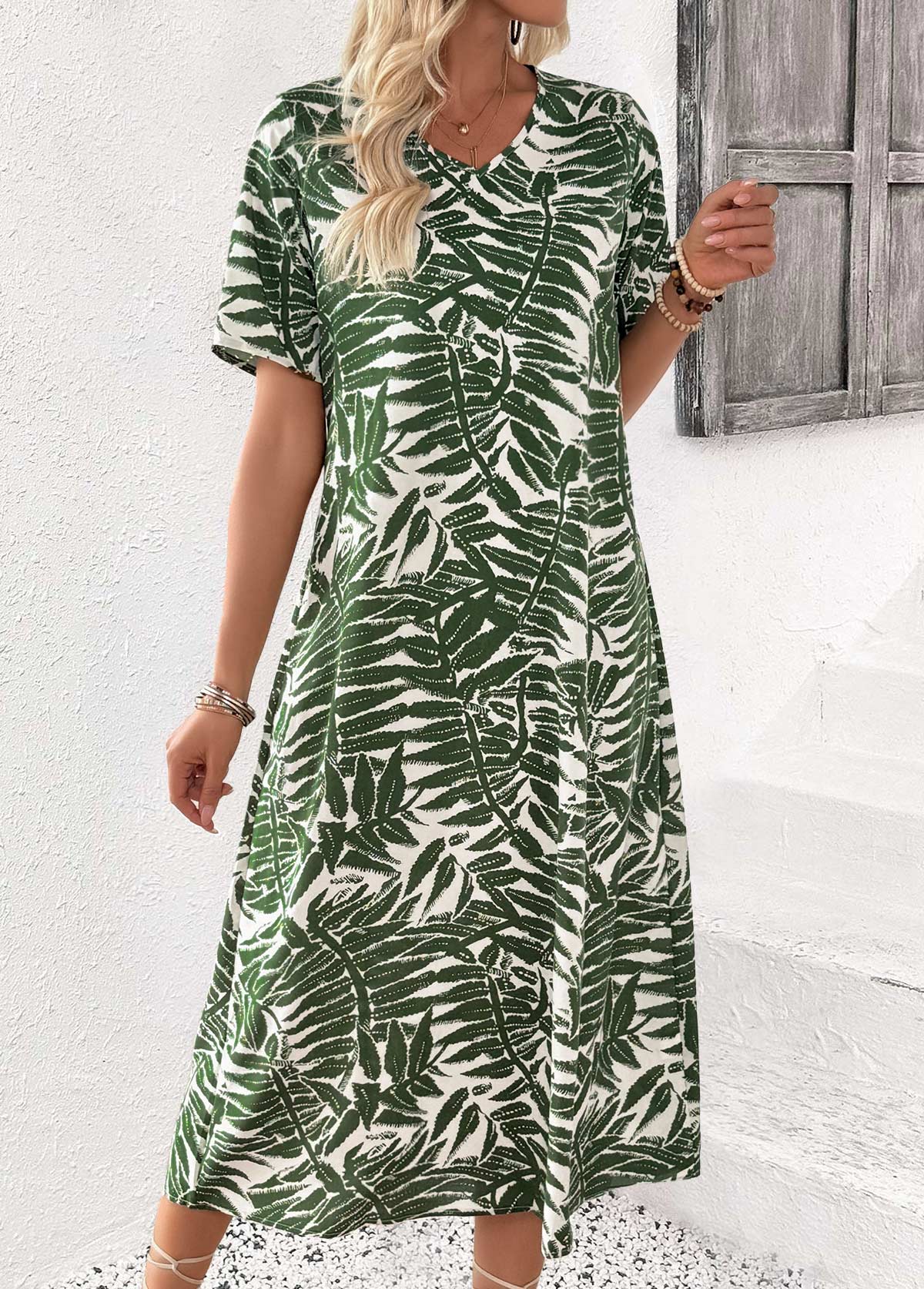 Olive Green Tummy Coverage Plants Print Short Sleeve Dress | picture 