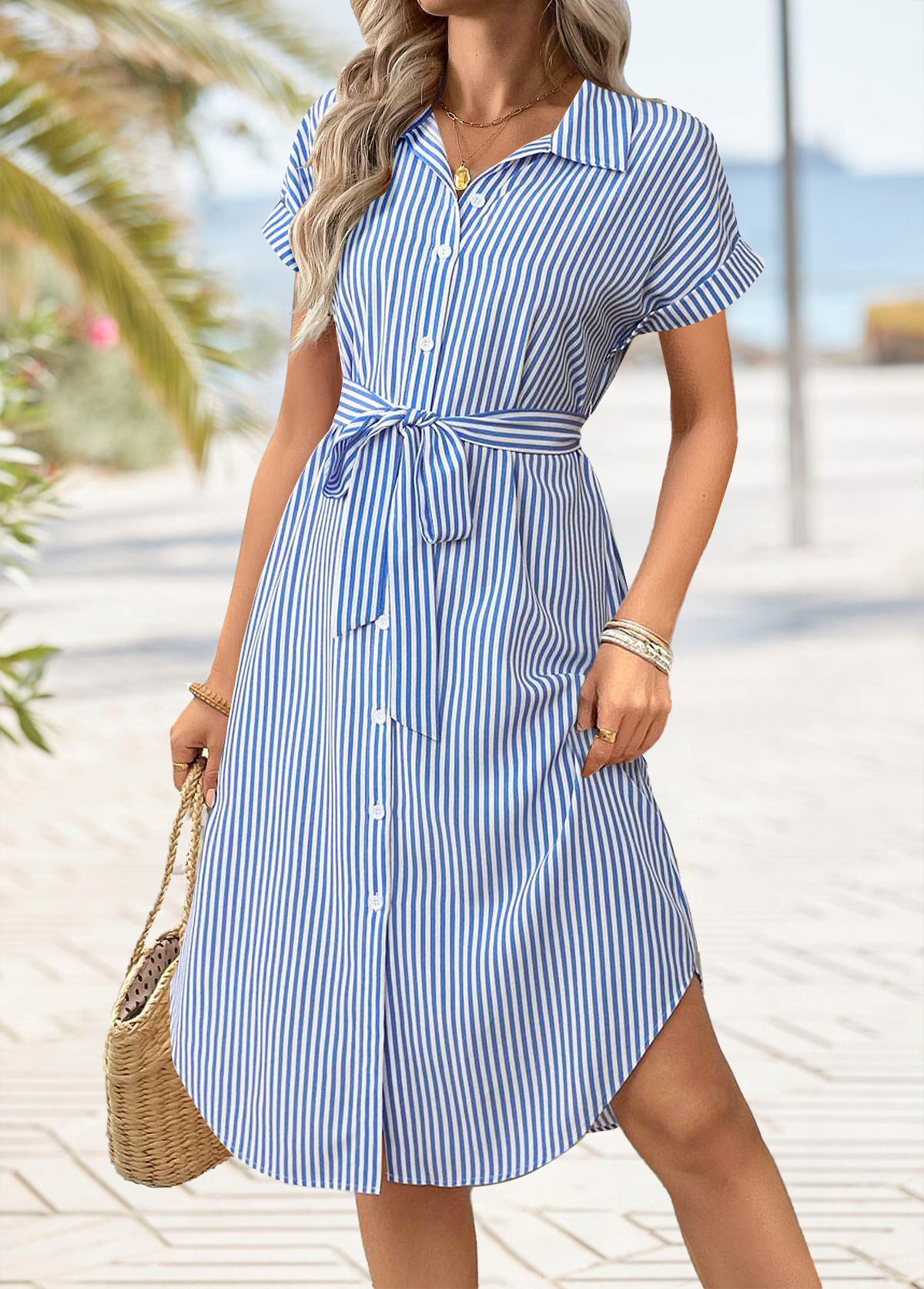 Blue Tummy Coverage Striped Belted Short Sleeve Dress | picture 